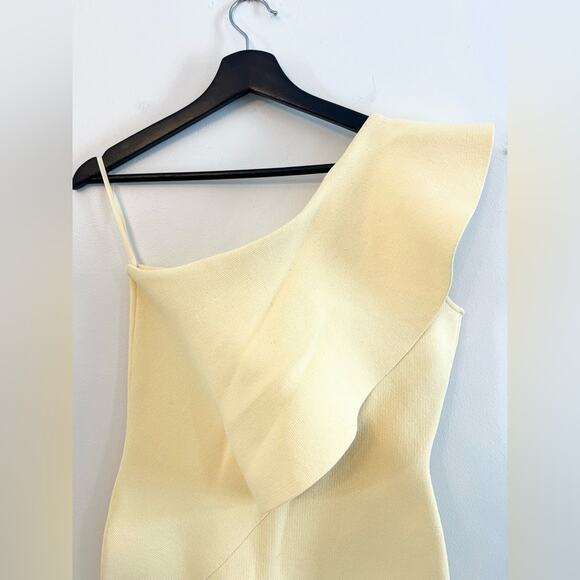 Scanlan Theodore crepe knit ruffle dress one shoulder lemon yellow spring summer - Picture 5 of 12